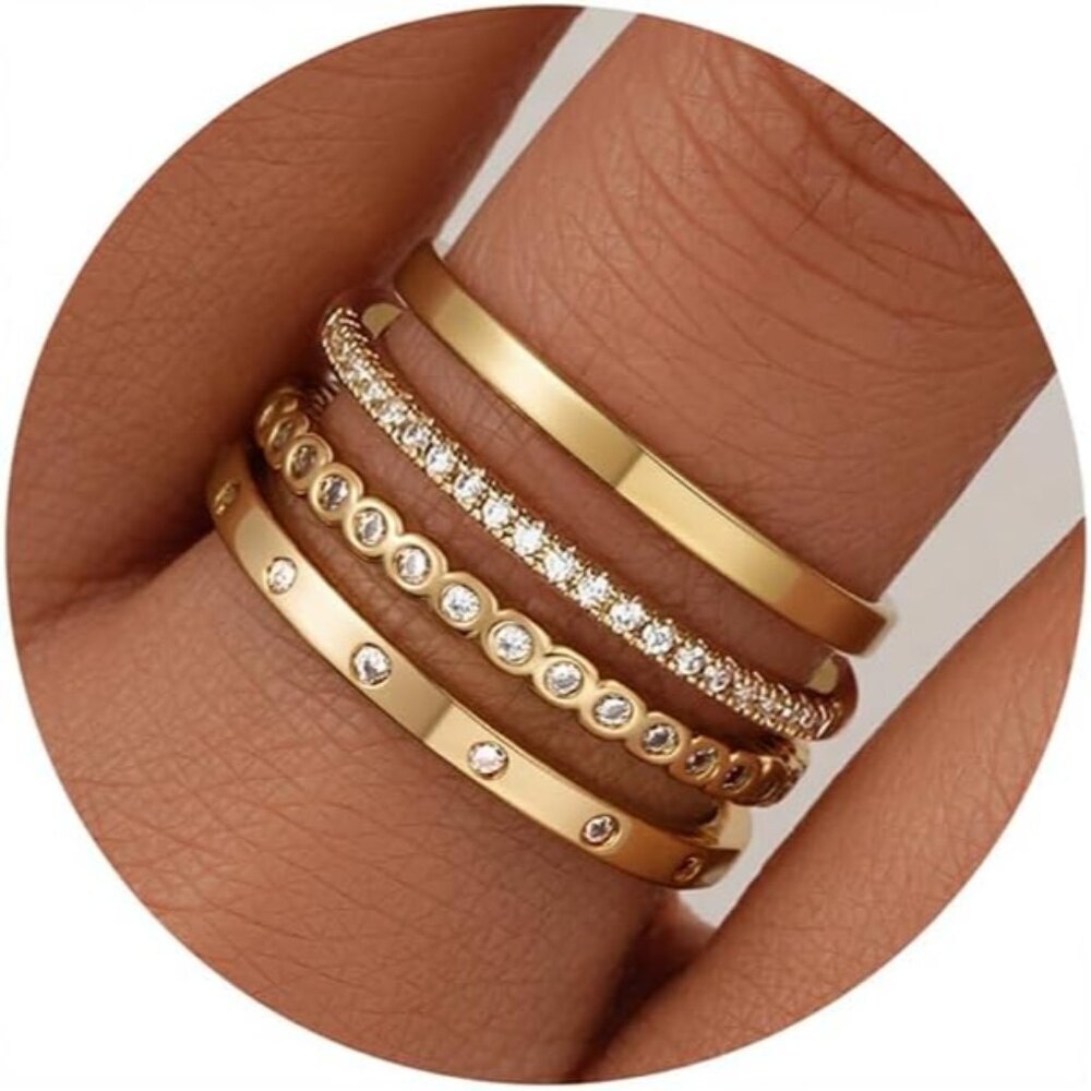 Dainty Non Tarnish Gold Rings for Women - Stackable Cubic Zirconia Band Set
